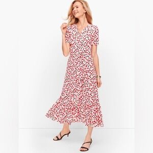 Talbots Womens Red Pink Tulip Floral Midi Cottagecore Dress Faux Wrap Size 8